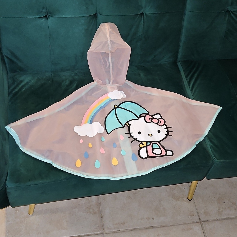 Hello Kitty Rainbow Umbrella Kids Rain Poncho Pink Light Blue Yellow White 2T - Picture 3 of 8